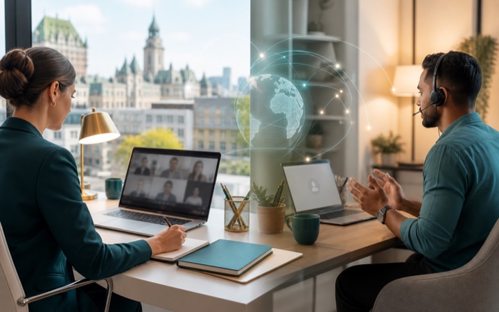 Remote staffing workspace connected to international support