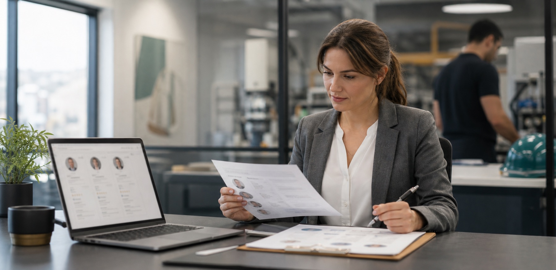 Recruitment consultant reviewing candidate profiles and workforce planning